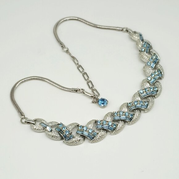 Coro Blue Baguette Collar Necklace 16" Brushed Silver Tone Link Choker - Picture 1 of 8